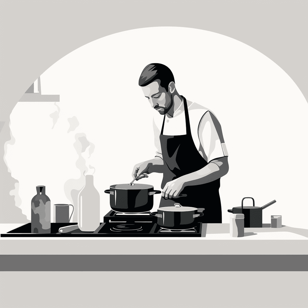 AI generated: A minimalist illustration of a chef cooking in a professional kitchen, black and white, UI/UX, Behan...