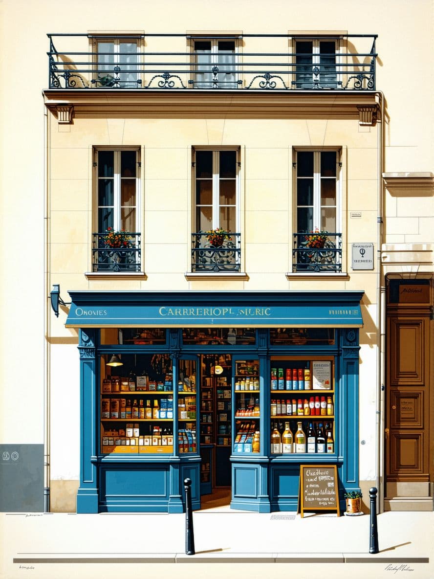 AI generated: Paris 1880, hyperrealistic illustration, a facade of a little shop, front view, elevation, in colour...