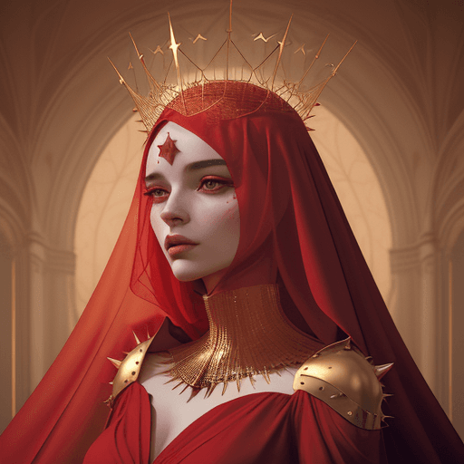 AI generated: lady in red veils her face and has a large golden spiked crown, in the style of celestial fasion, ot...