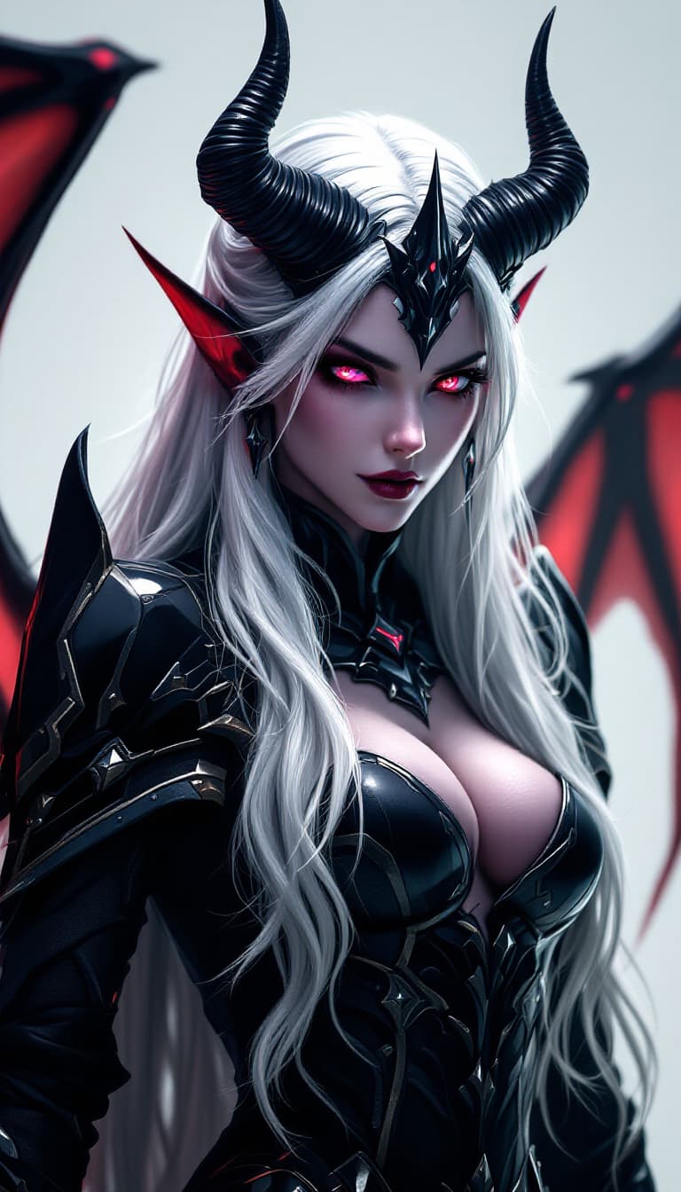 AI generated: Highly detailed and realistic depiction of a demon-like character, featuring long flowing silver hai...