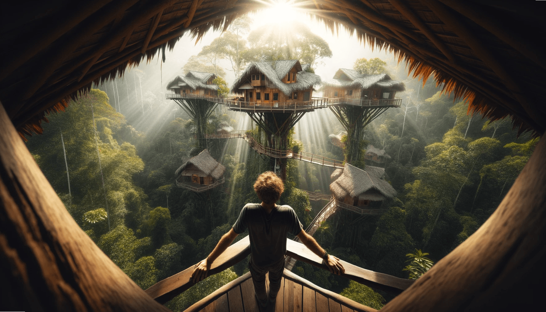 AI generated: A raw photograph capturing a sustainable treehouse community nestled in a dense rainforest. The view...