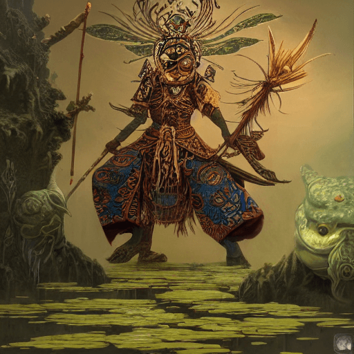 AI generated: a shaman of frogs with an asian armor and with lots of water lilies , there is a stone toad on the V...