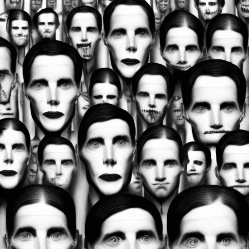 AI generated: 
black and white, faces all over the picture starring at you like on cover art of the song by 24kgld...