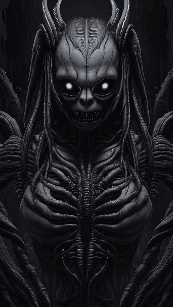 AI generated: "Dread-inducing Xenomorph RFKTR-style headshot (club card):1.1 featuring H.R. Giger's masterful touc...