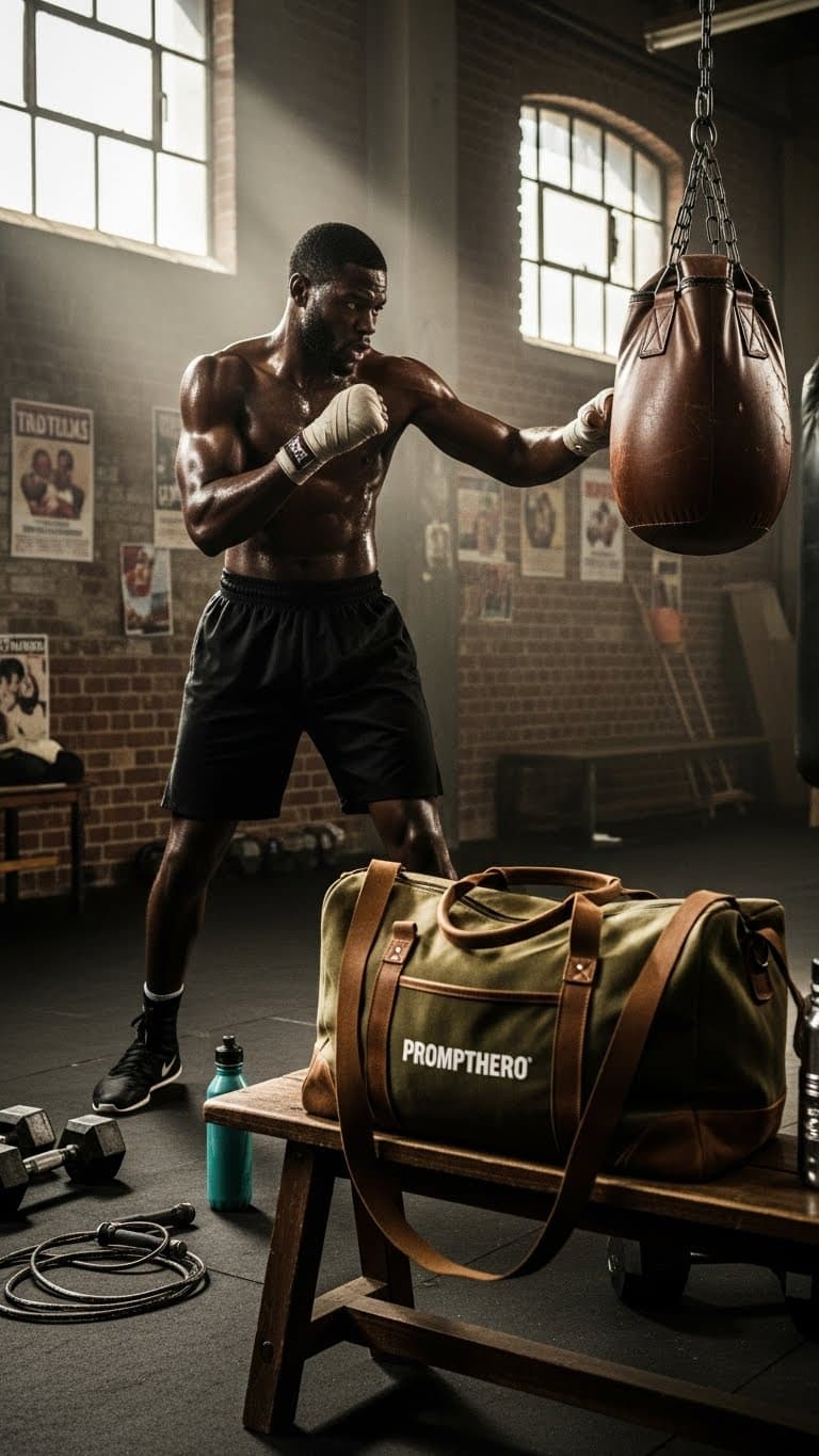 AI generated: a boxer trains extra hard, PromptHero gym bag nearby