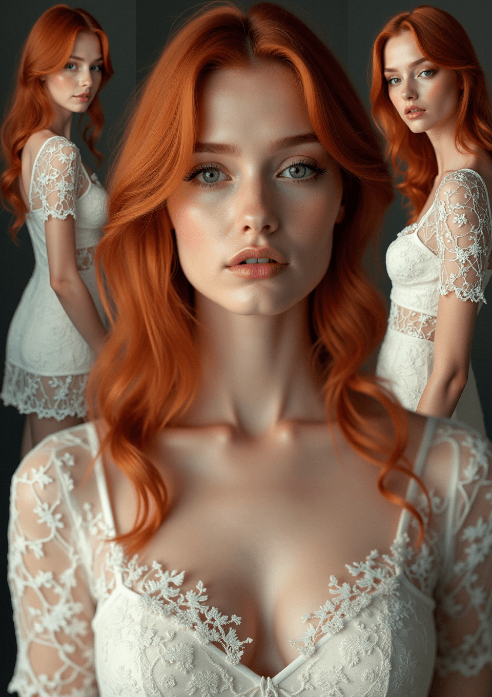 AI generated: ((Collage of photos)) of a woman with reddish blonde hair wearing a (white lace dress with red decor...