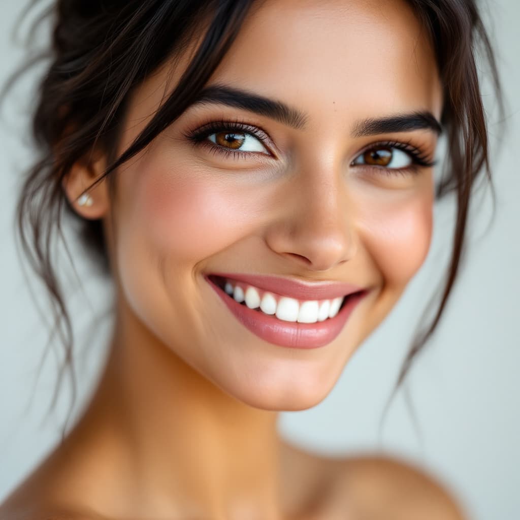 AI generated: Very Close-up, headshot of a woman with medium-dark skin. She appears to be of South Asian descent. ...