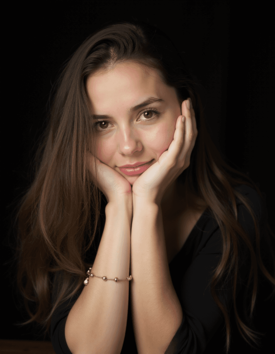 AI generated: A [young] woman with [long, wavy brunette hair] rests her head on her clasped hands, she is looking ...
