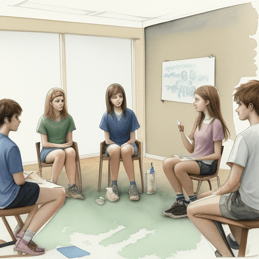 AI generated: watercolor-style sketch depicting a therapeutic group session for teenagers