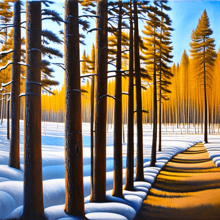 AI generated: a painting of some trees in the snow, an oil painting, shutterstock, american scene painting, spruce...