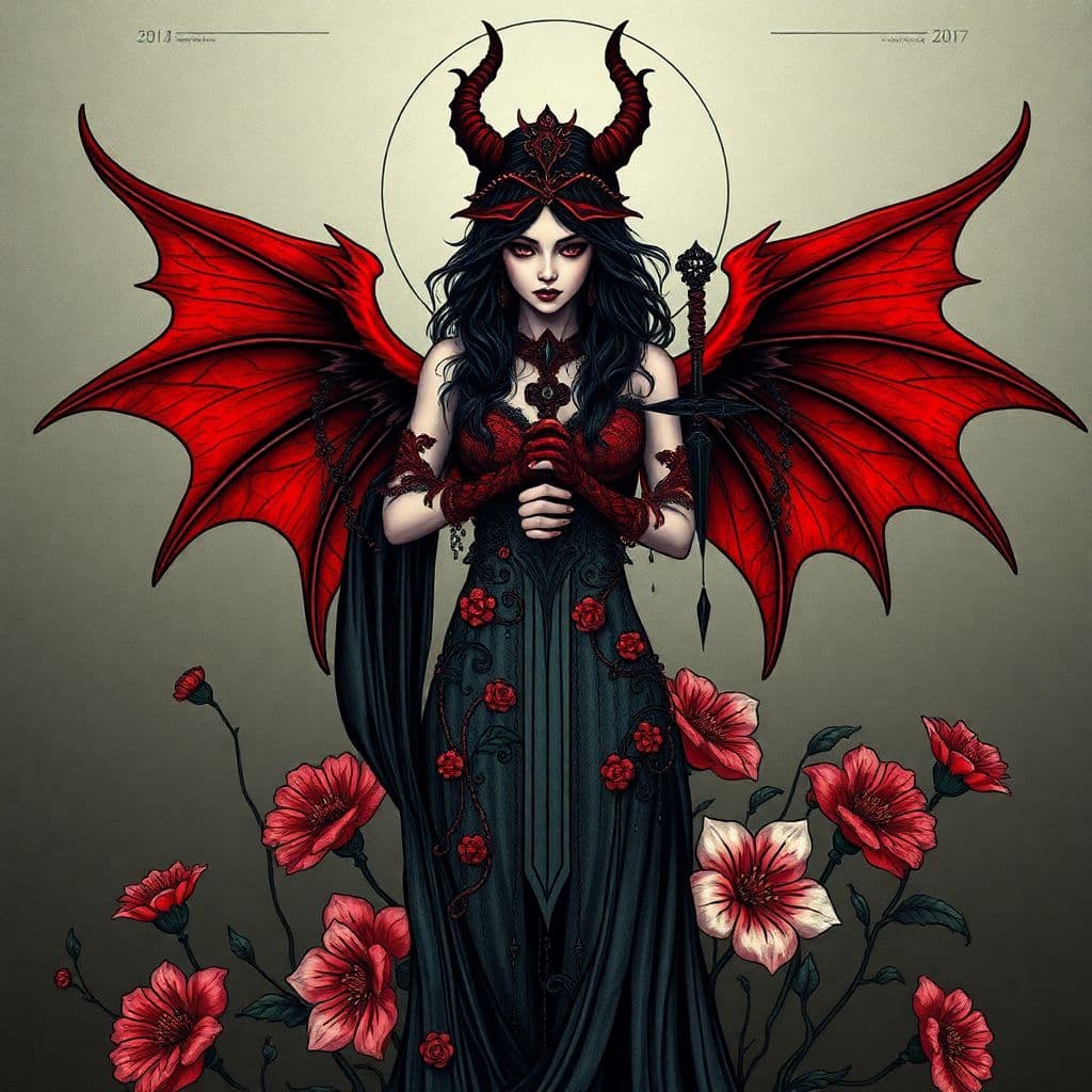 AI generated: A sorceress with crimson dragon wings, her body adorned with flowers that bleed black ichor, holding...
