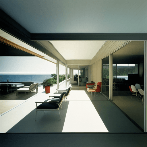 AI generated: Hyper realistic eye level exterior photo of a mid century modern style house overlooking the ocean, ...