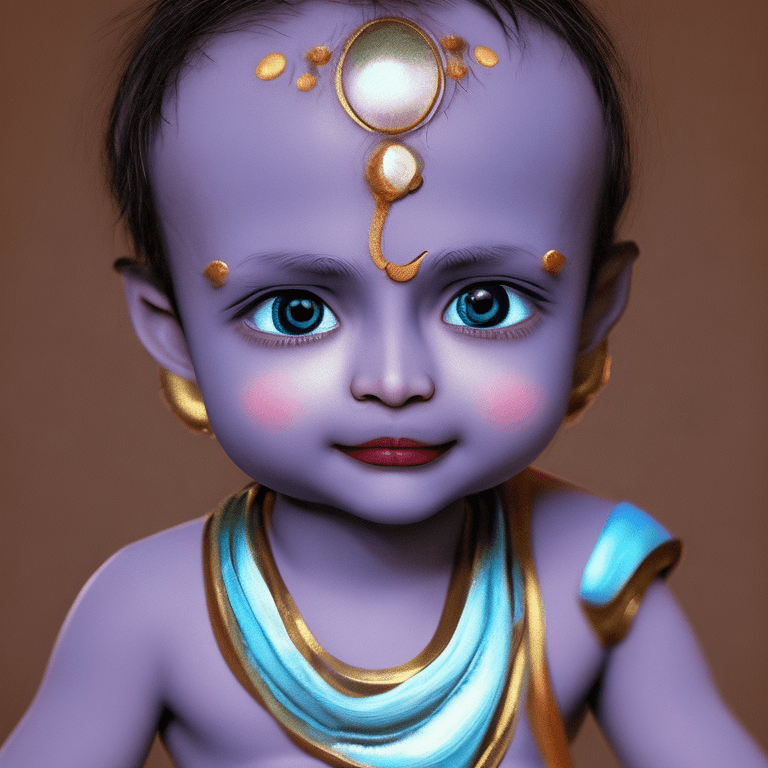 AI generated: cute little baby lord krishna in a blue colour sitting in a playful way looking at the camera with c...