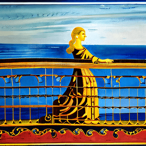 AI generated: Generate an image of a blonde woman standing directly in front of you on a balcony adorned with intr...