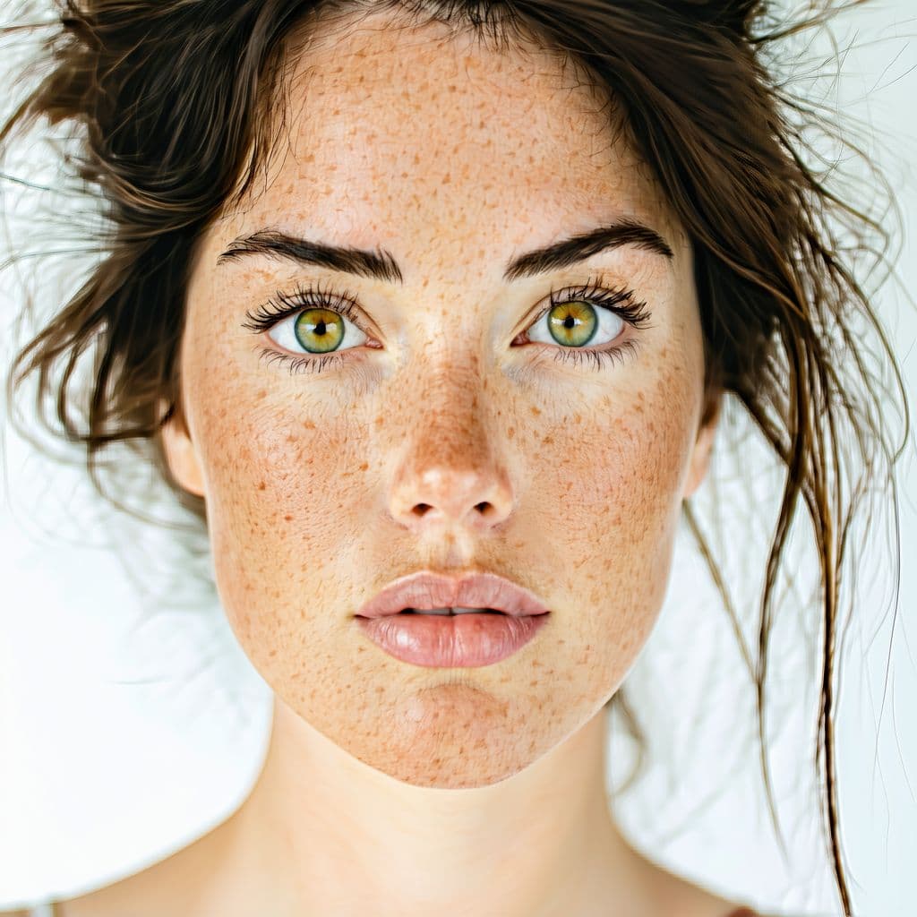 AI generated: Close-up portrait of a woman with green eyes, light freckles, and dark hair styled in loose tendrils...