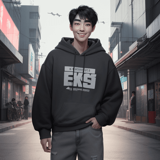 AI generated: A Korean with shorts hair, handsome face, thick eyebrows, black brown eyes, smiling, wearing a gray ...