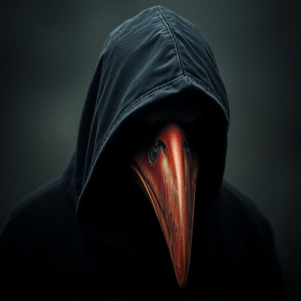 AI generated: slight expressionist-like  hooded figure with a long-beak speaks "Vernon", grimdark apocalyptic worl...