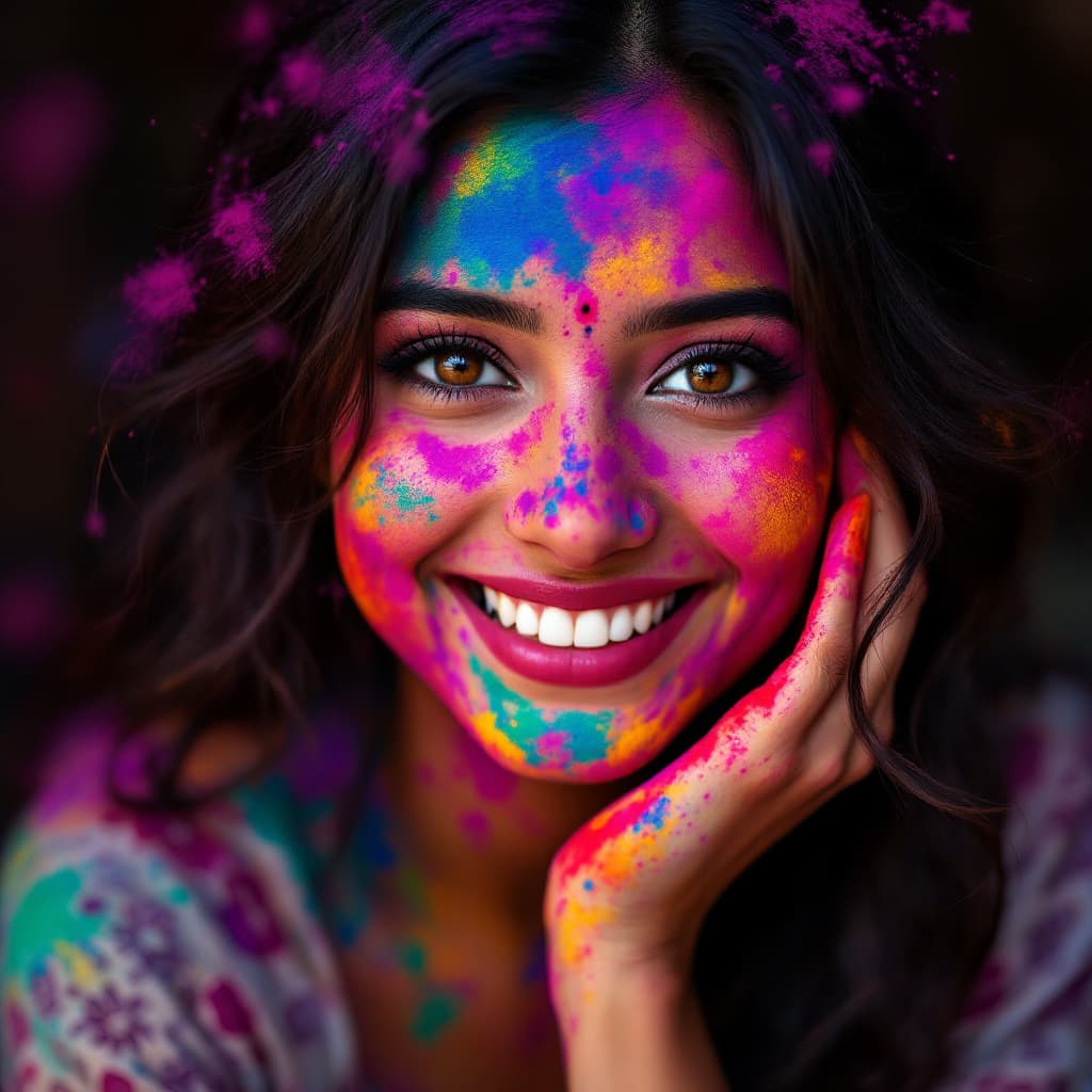 AI generated: "A stunning close-up portrait of a young Indian woman celebrating Holi, her face and hand vibrantly ...