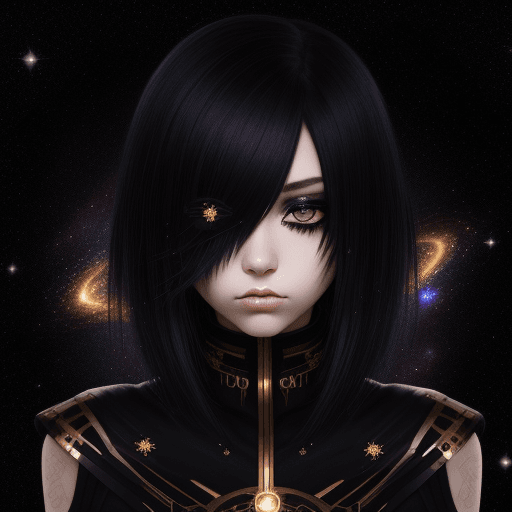 AI generated: emo girl. blak hair. hair over one eye. eye beautiful Gold galaxy.