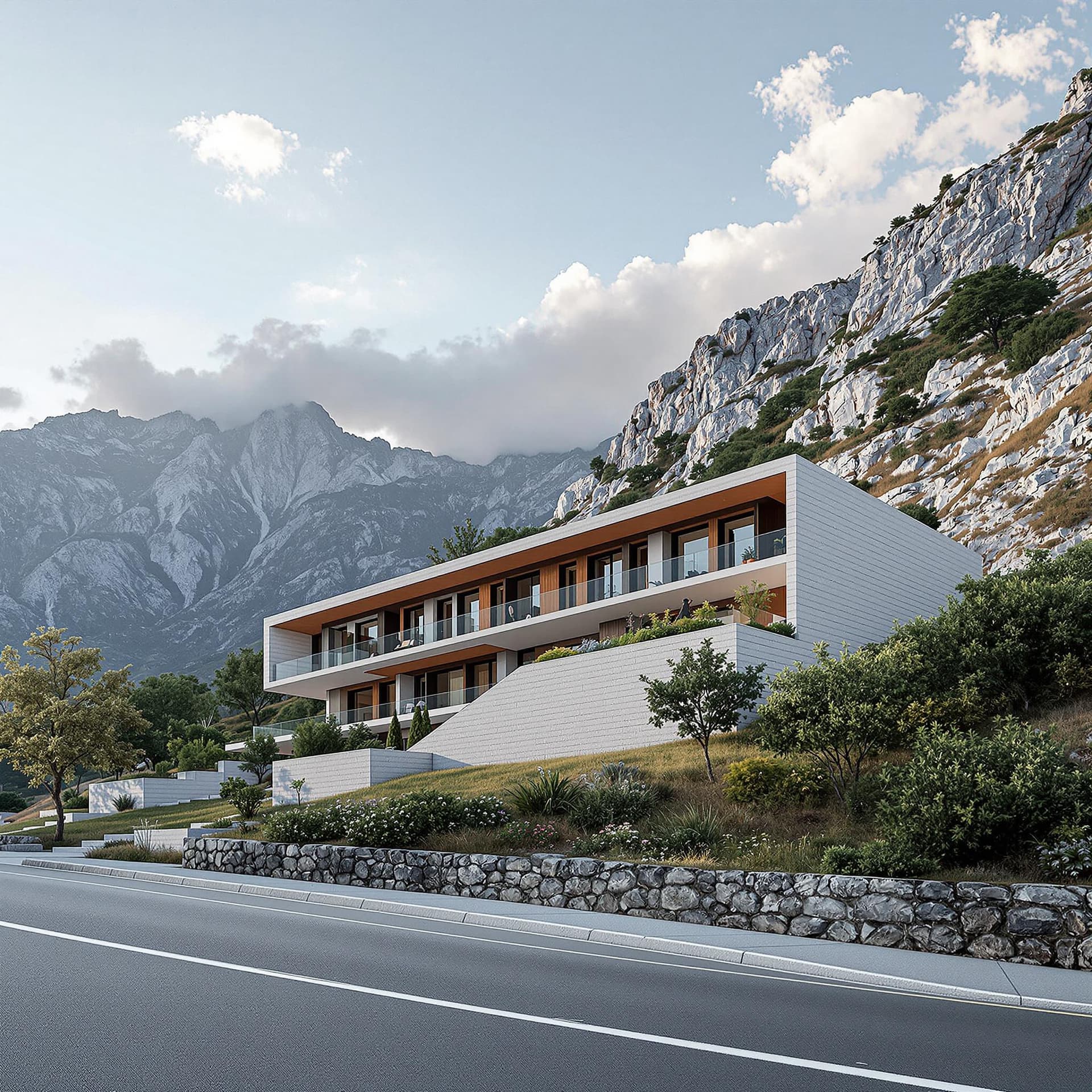 AI generated: A two floor hotel, elongated towards the mountain, located in Loutraki Greece, situated in a plot of...
