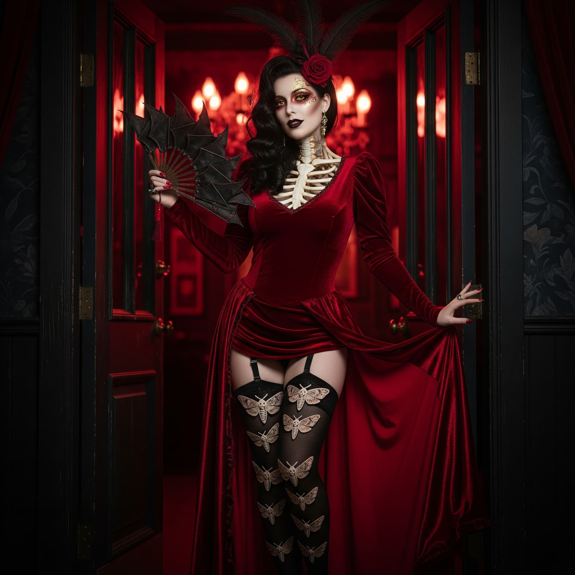 AI generated: A bone courtesan, adorned in a crimson velvet gown that clings to her skeletal form, stands in the d...