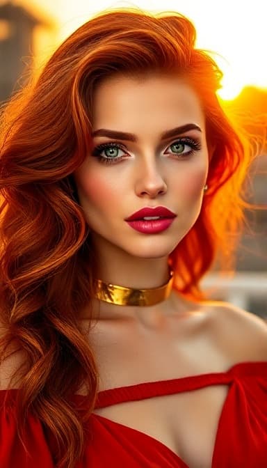 AI generated: "Fine art fashion portrait, warm golden hour light, bright vibrant colours. Supermodel with fair ski...