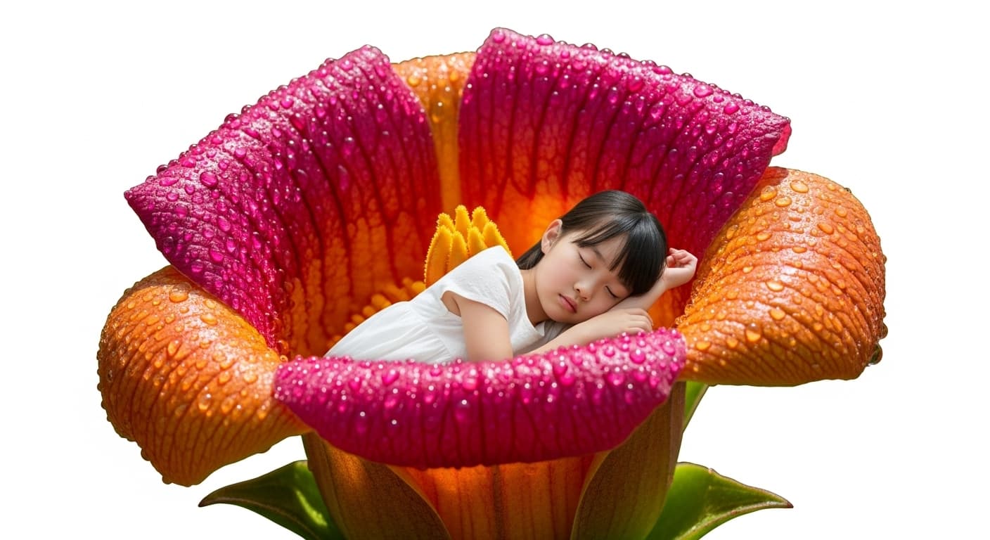 AI generated: In the calyx of an exotic flower, an adorable Asian girl lies down and sleeps, white background.