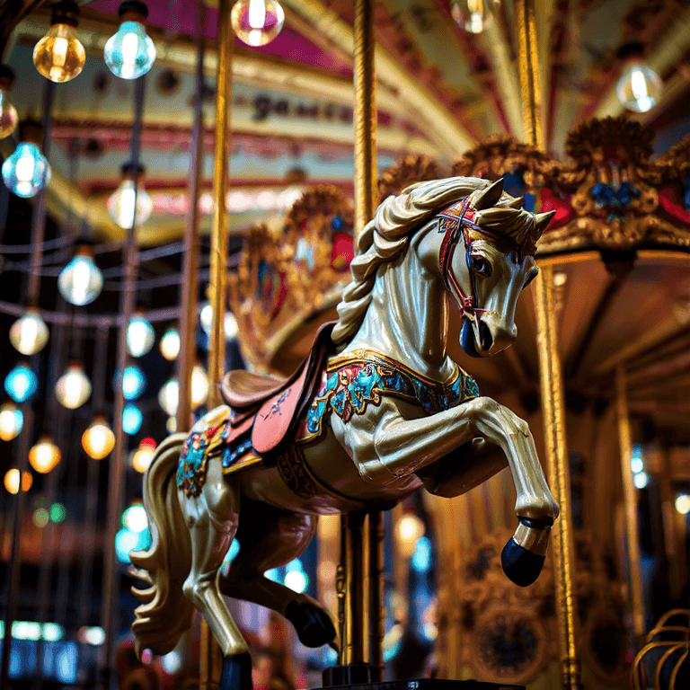 AI generated: a photograph of a carousel is shown with strings in the background to blur lightbulbs behind and und...