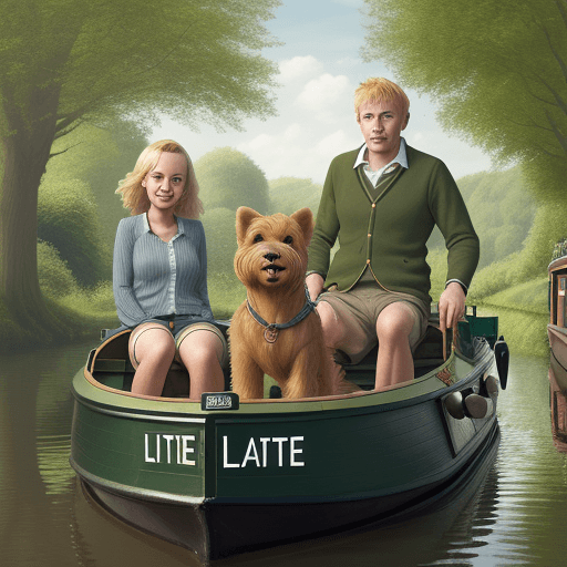 AI generated: A cover that has a green narrowboat called Never Two Late with one lady in shorts and blonde hair an...