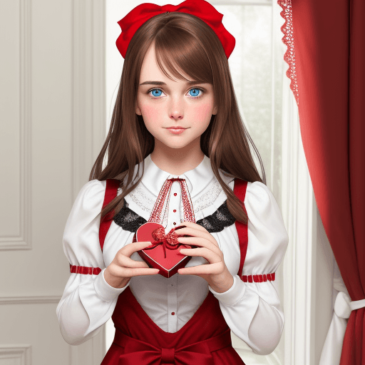 AI generated: Girl with brown hair and blue eyes, holding with both hands a box of chocolates in the shape of a he...