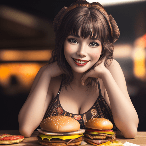 AI generated: Cuisine, A smiling woman wears a dress made of burger as she lays on a table, rich deep colors, intr...