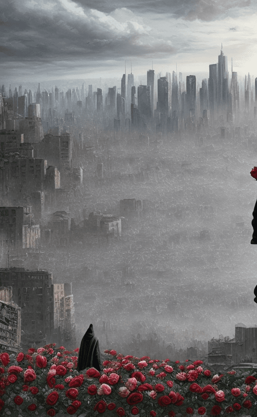 AI generated: post-apocalyptic panoramic cityscape with a dark hooded man holding a bouquet of roses in one hand o...