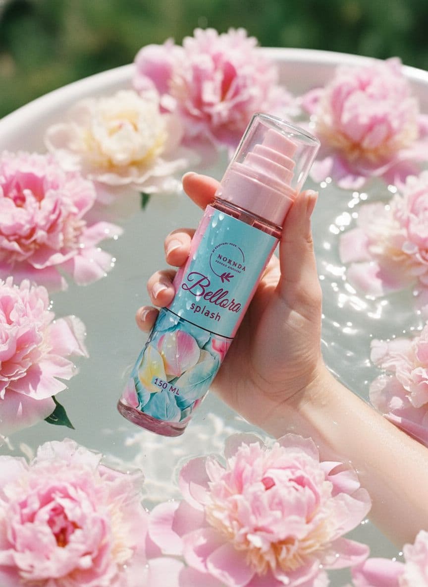 AI generated: Product photography, natural light. A hand holding a bellora  splash bottle  in a pool of water surr...