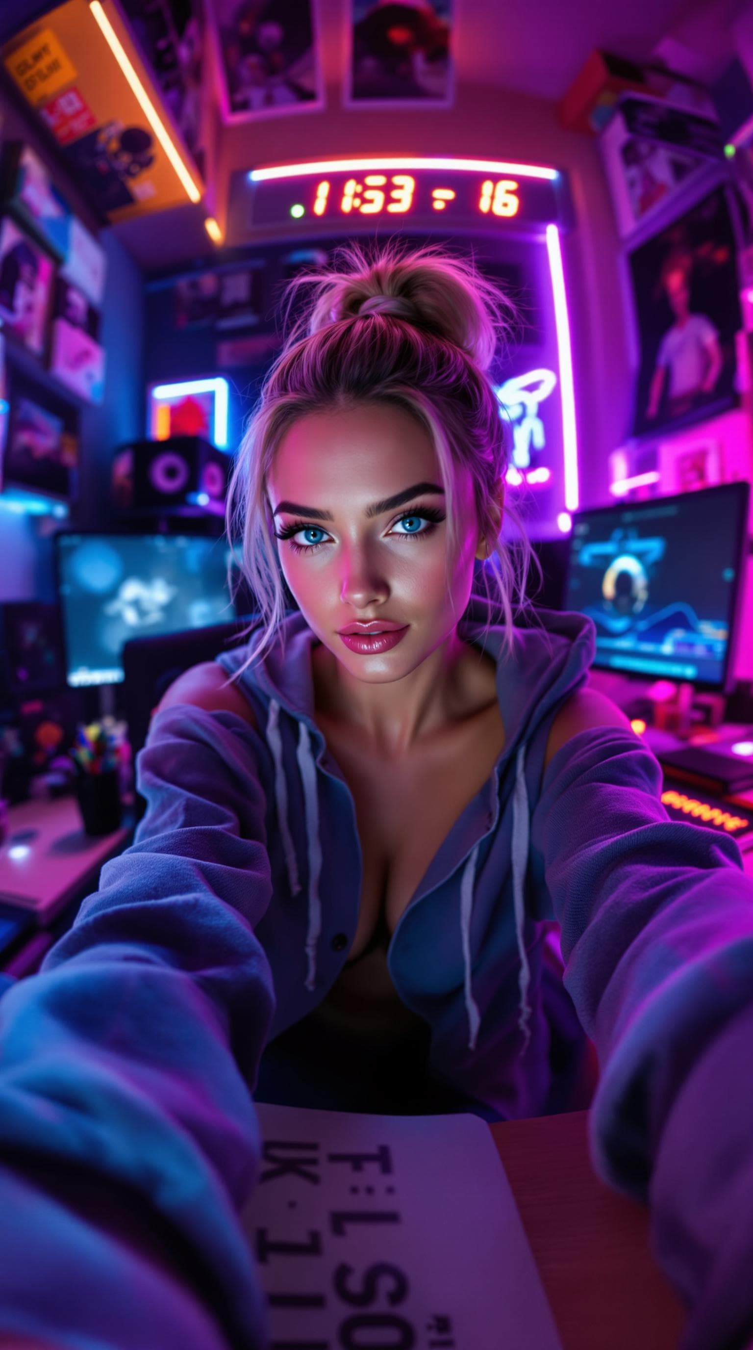 AI generated: Low- angle GoPro shot frames russian supermodel beauty sitting confidently at a cluttered desk, surr...