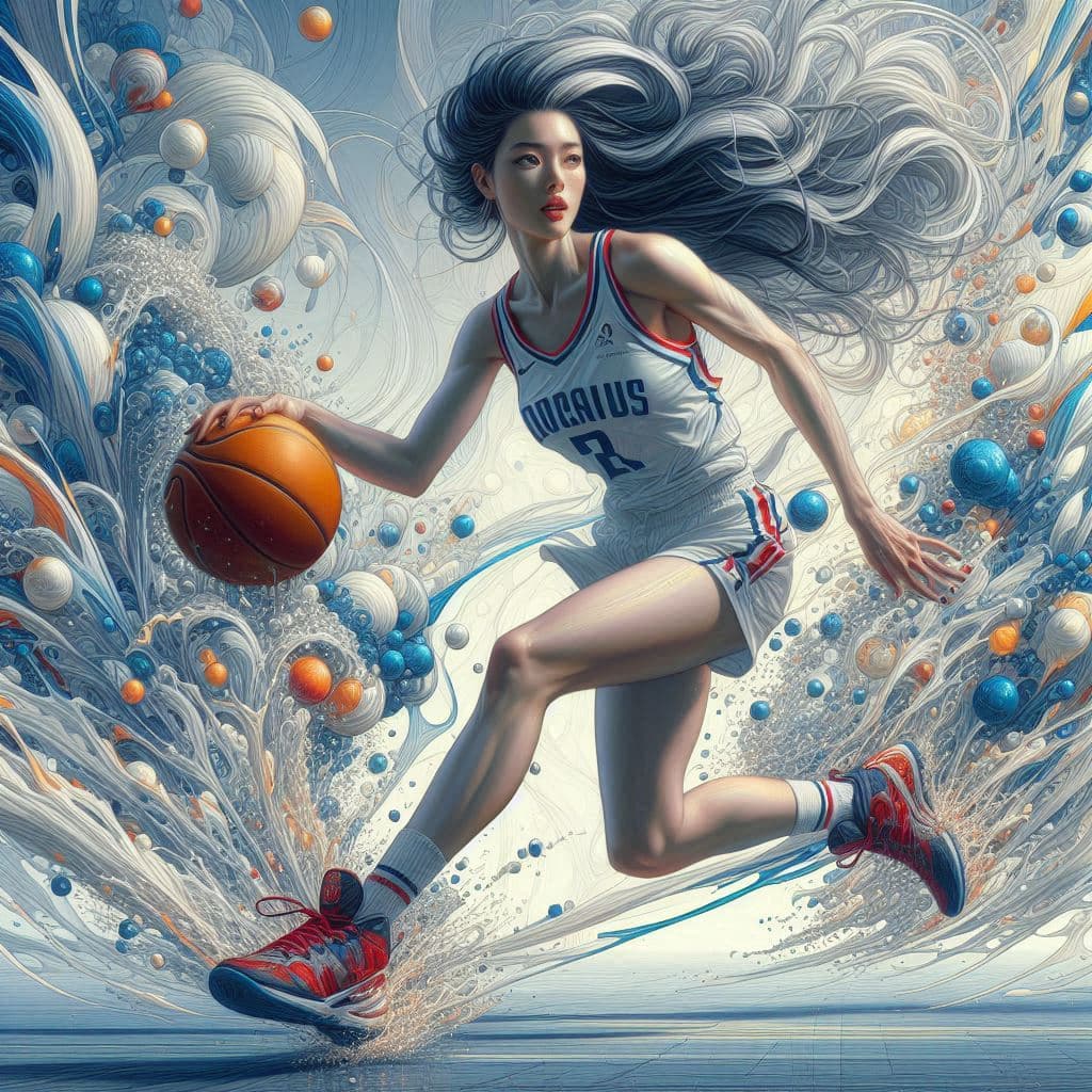 AI generated: a ultradetailed beautiful panting of a woman dribbling a basketball, by conrad roset, greg rutkowski...