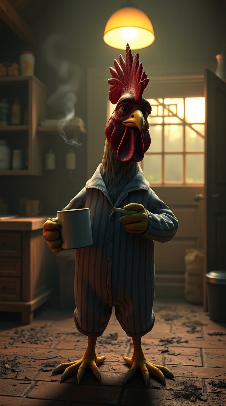 AI generated: A rooster character in pajamas, holding a coffee mug and smoking a joint, in the style of Tiago Hois...