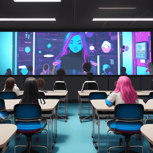 AI generated: Create Image: A group of diverse high school students use technology in a modern, futuristic classro...