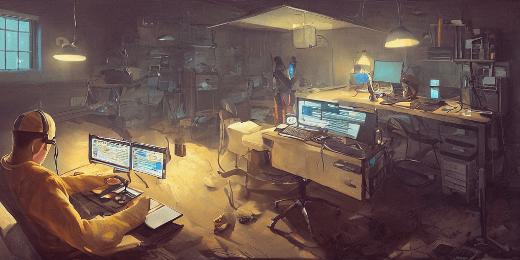 AI generated: Kaleb, busily coding away on his computer, was determined to create a new, exciting discord bot. in ...