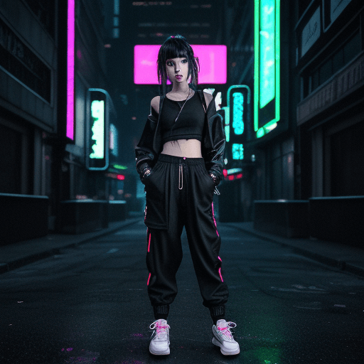 AI generated: [((max of small parts)), 20 year old woman girl slender stunning girl baggy clothes (black) trousers...