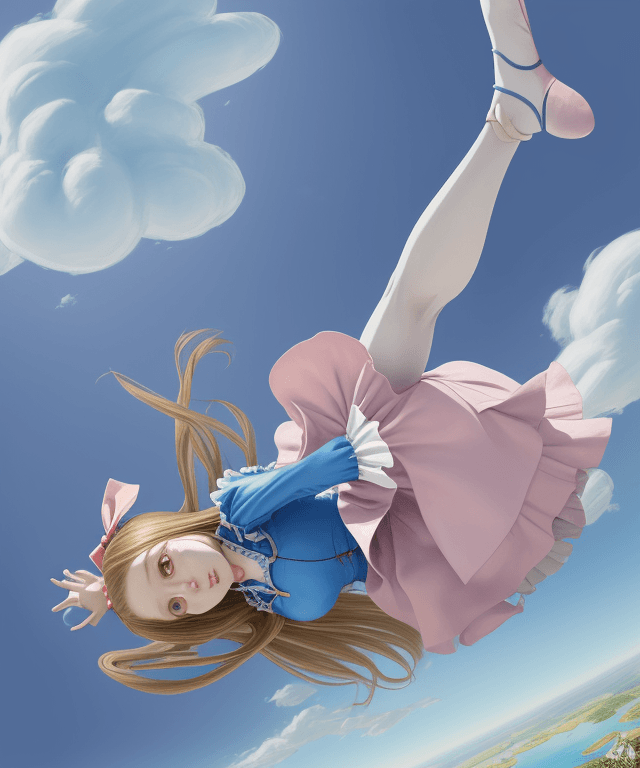 AI generated: realistic drawing 
alice from alice in wonderland free falling from the sky 
her body is horizontal
...
