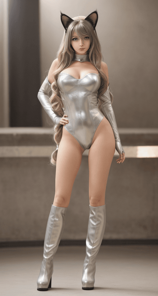 AI generated: lady, long light beige wavy hair, dark eyes, cat ears, wide hips, silver boots, spotlight in the bac...