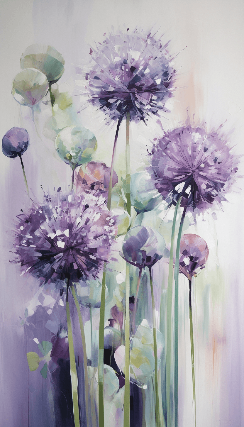 AI generated: acrylic painting of alliums on the wall, soft colours --ar 4:7 --v 5