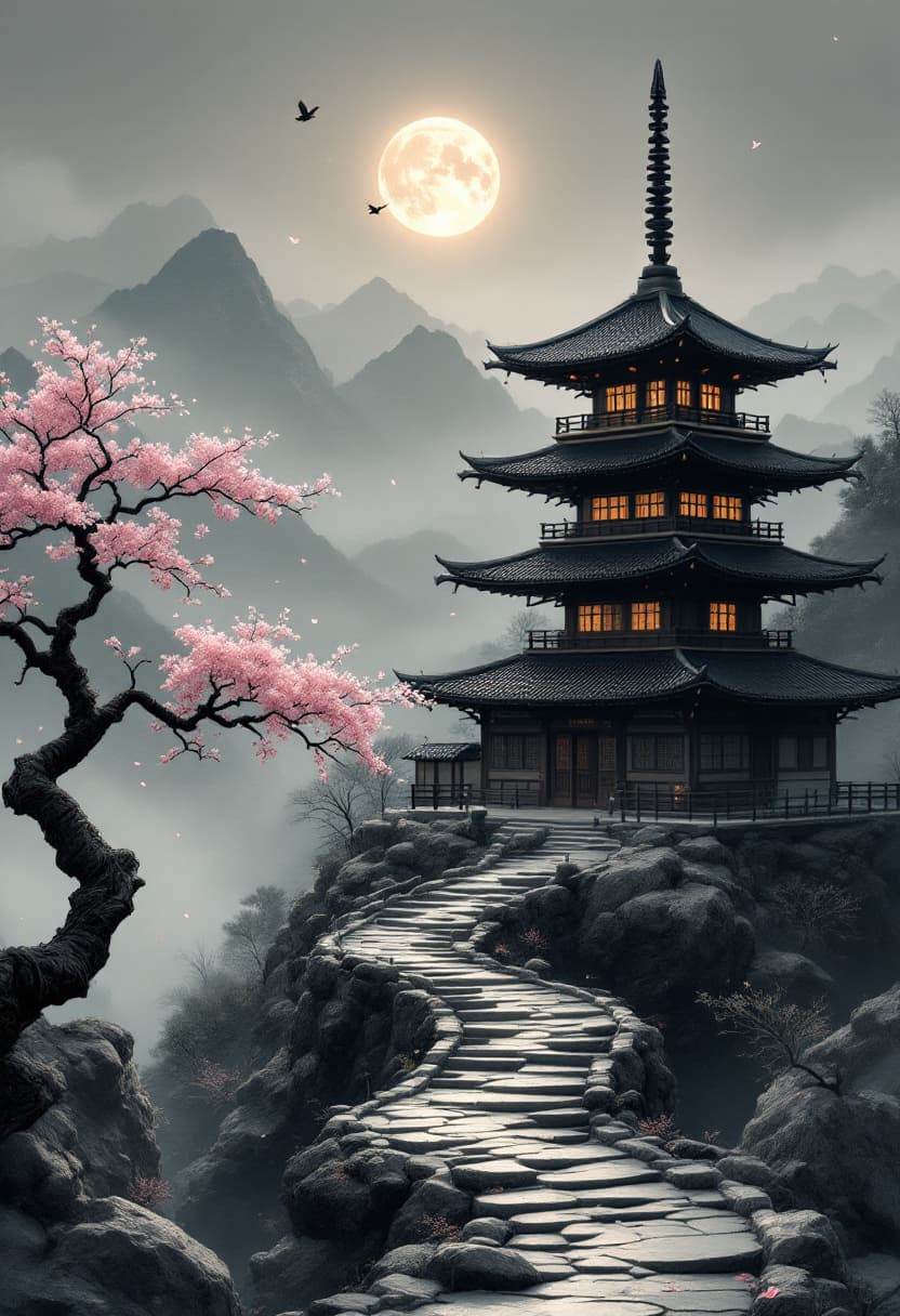 AI generated: A cinematic vertical composition of a traditional Japanese pagoda perched on a rocky mountain path u...
