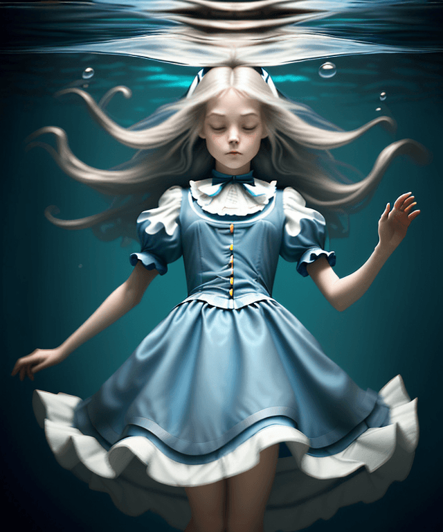 AI generated: Please create a depiction of an adult version of Alice from "Alice in Wonderland" wearing her classi...