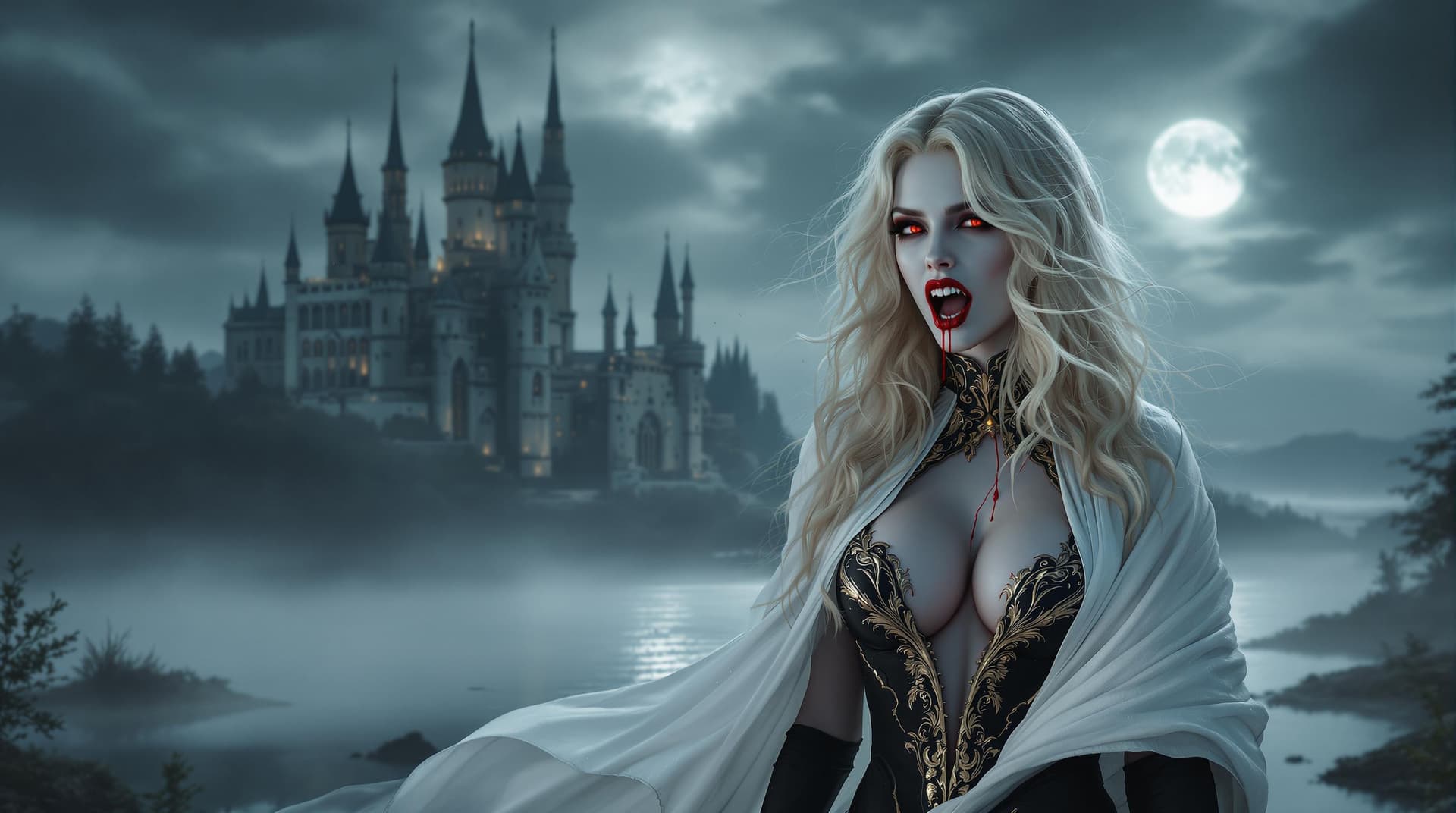 AI generated: a vampire woman with visible enormously long incisors, crimson liquid dripping from the corners of h...
