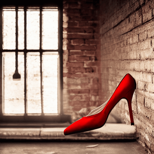 AI generated:  red high heels shoes in the big empty  dark room in the corner stylish   A ray of sunlight falling ...