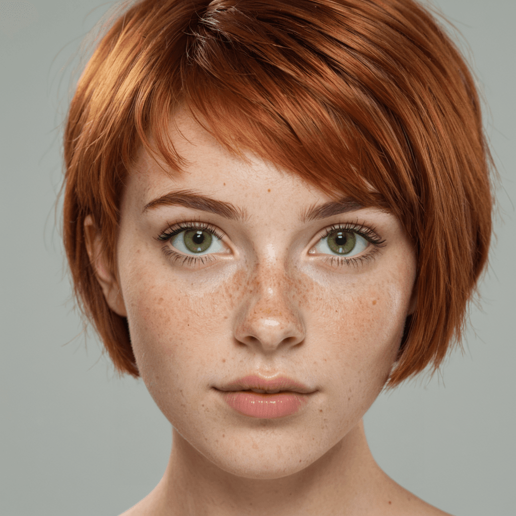 AI generated: a woman, twenty two years, oval face, cute nose, high cheek bones, auburn pixie cut hair, freckles, ...