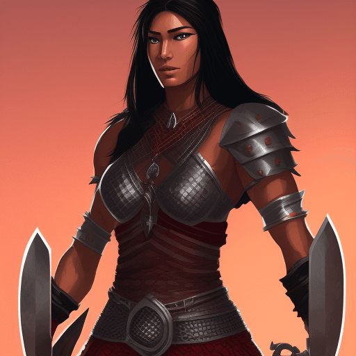 AI generated: full-body illustration, noble and valiant female fighter from nomadic dynasty, chain mail, red armor...