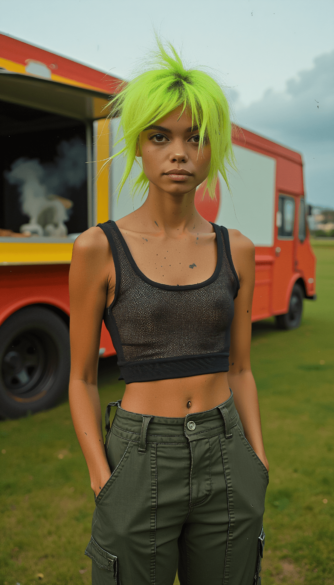 AI generated: Young woman with short spiky neon green hair, mesh tank with sports bra, low-rise cargo pants, toned...