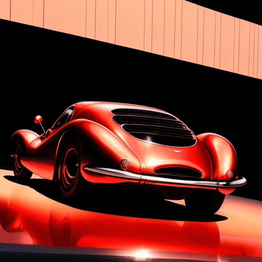 AI generated: A crimson luminescence bathes the metallic silhouette of the vintage sports car, its sleek curves re...